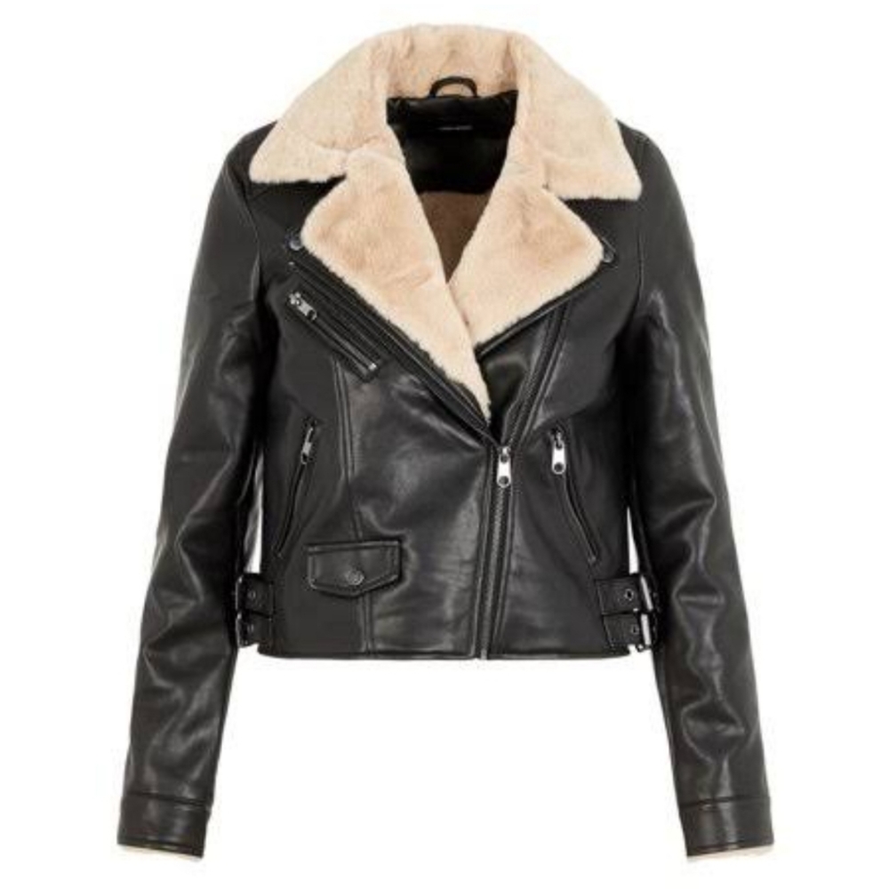Vero Moda Womens Pilot Faux Leather & Shearling Jacket 16 Black
